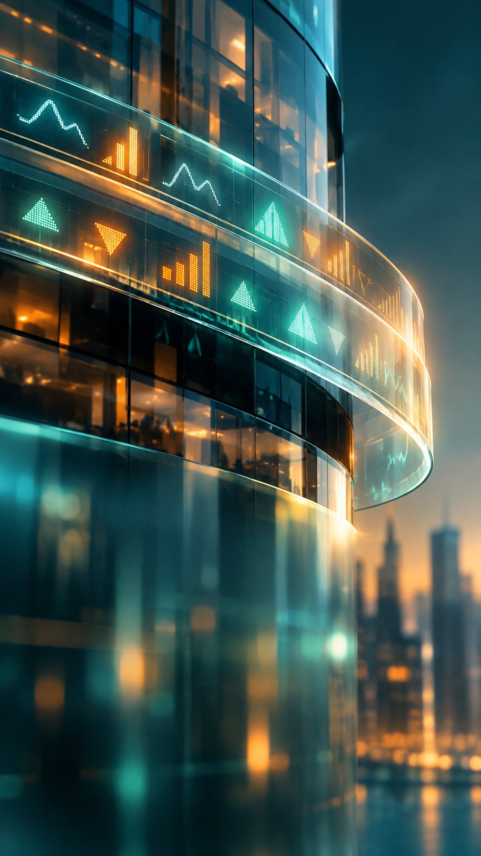 Glowing led stock ticker tape with abstract symbols scrolling across a building