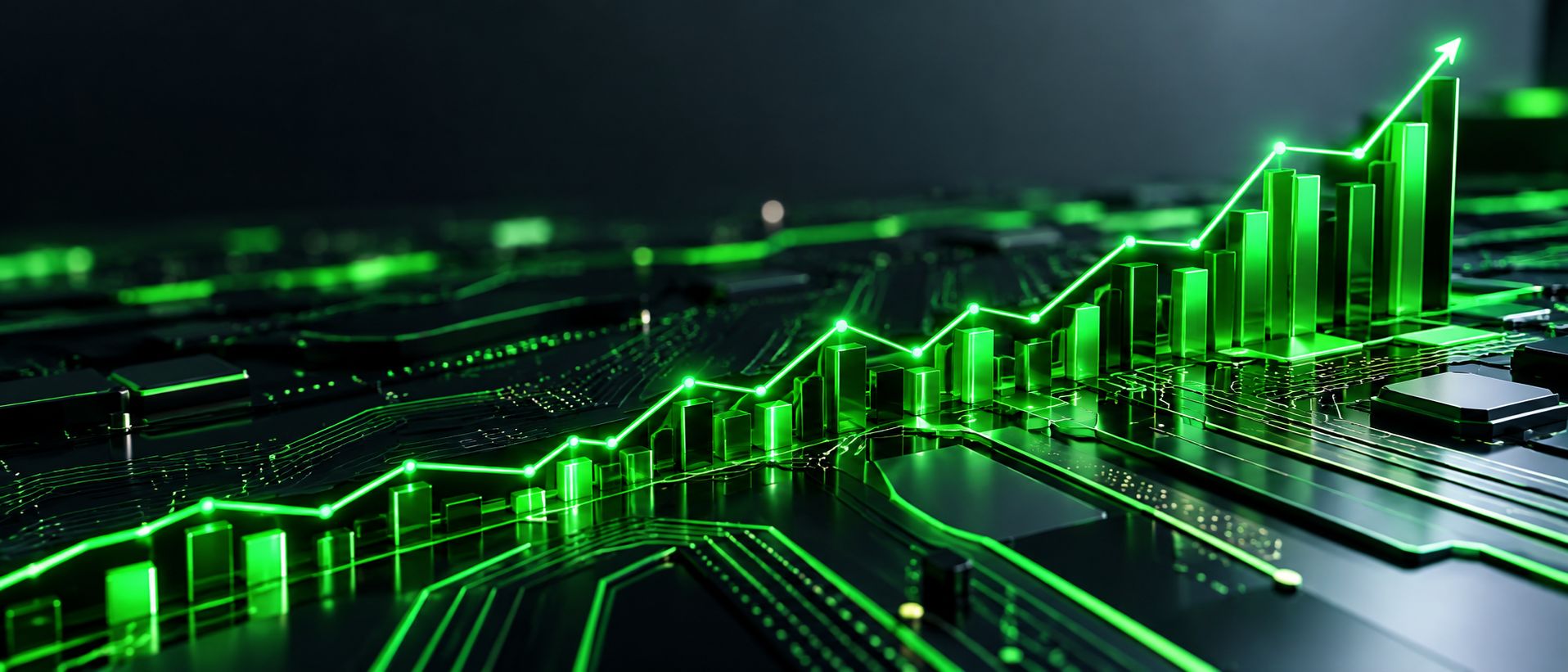 Abstract circuit patterns forming a rising stock chart