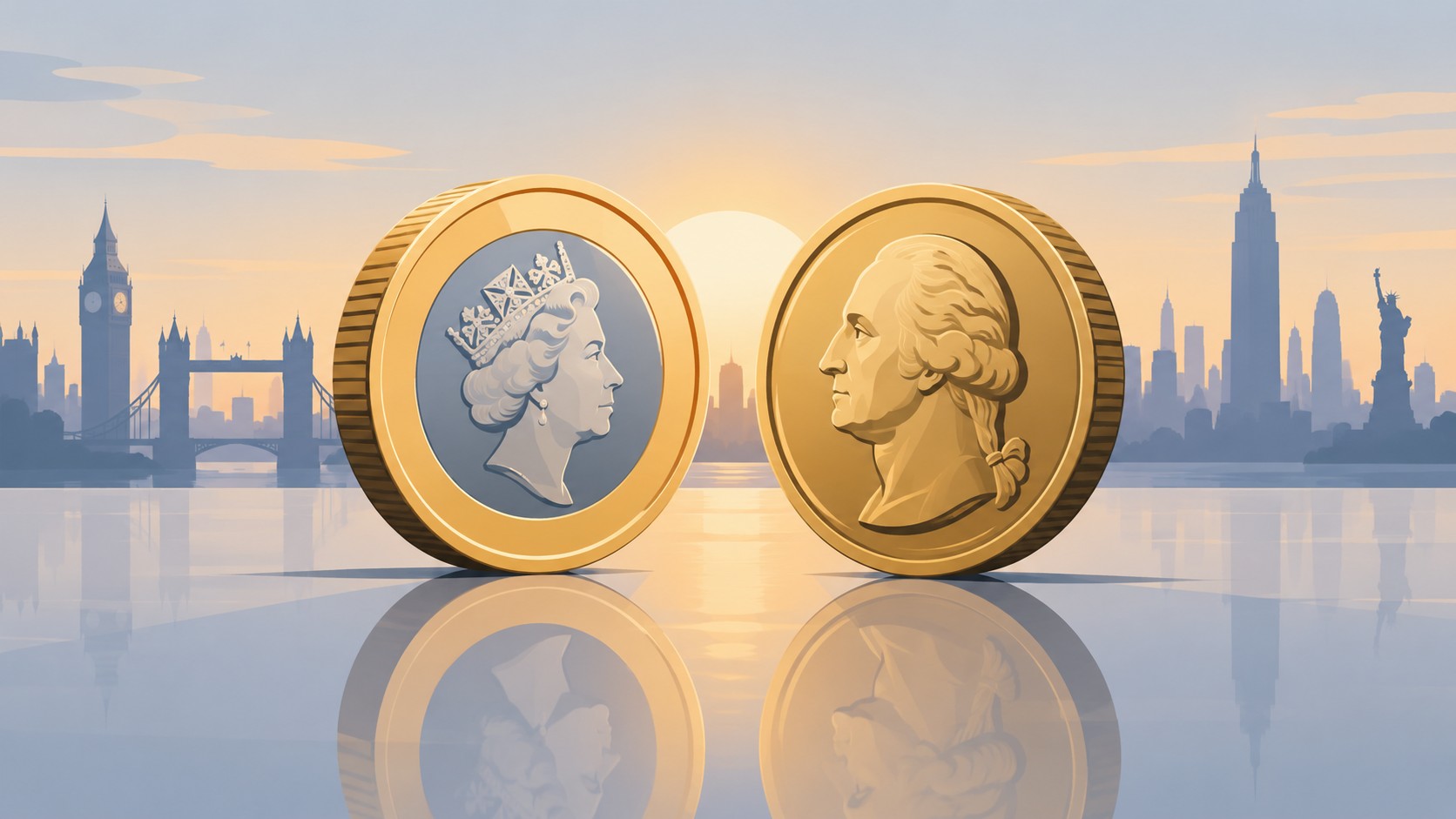 British pound coin and a us dollar coin facing each other on a reflective surface