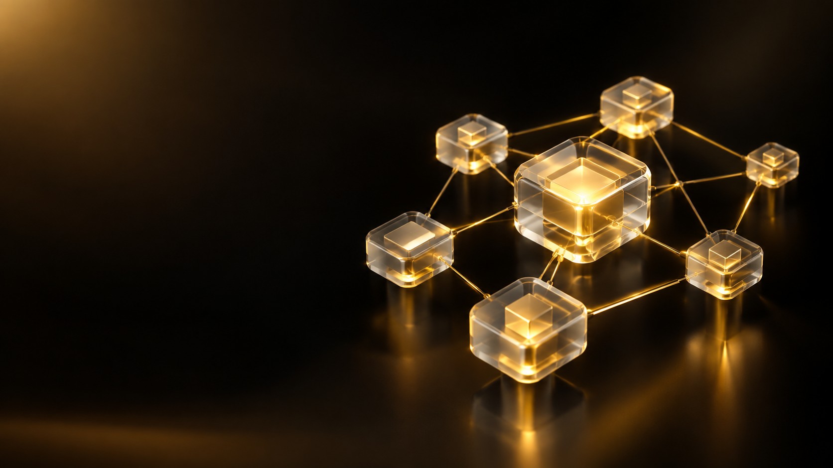 Interlocking glowing geometric tokens forming a decentralized network